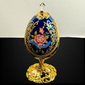 Faberge Ballerina Egg Music Box San Francisco Co Royal Blue & Gold Made in Japan